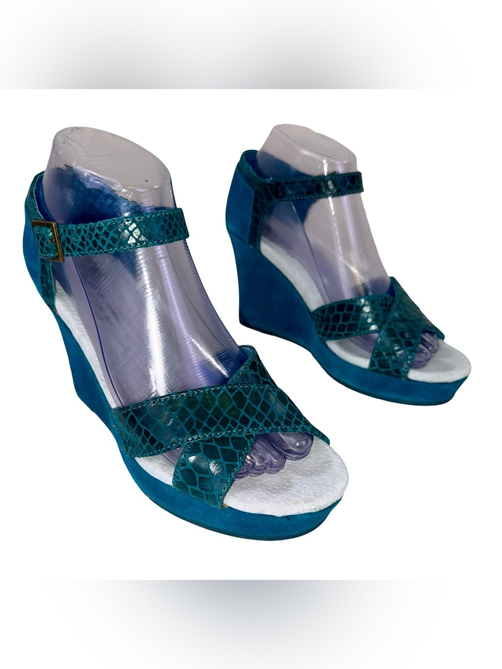 TOMS “TEAL SERPENTINE” STRAPPY WEDGE SANDALS